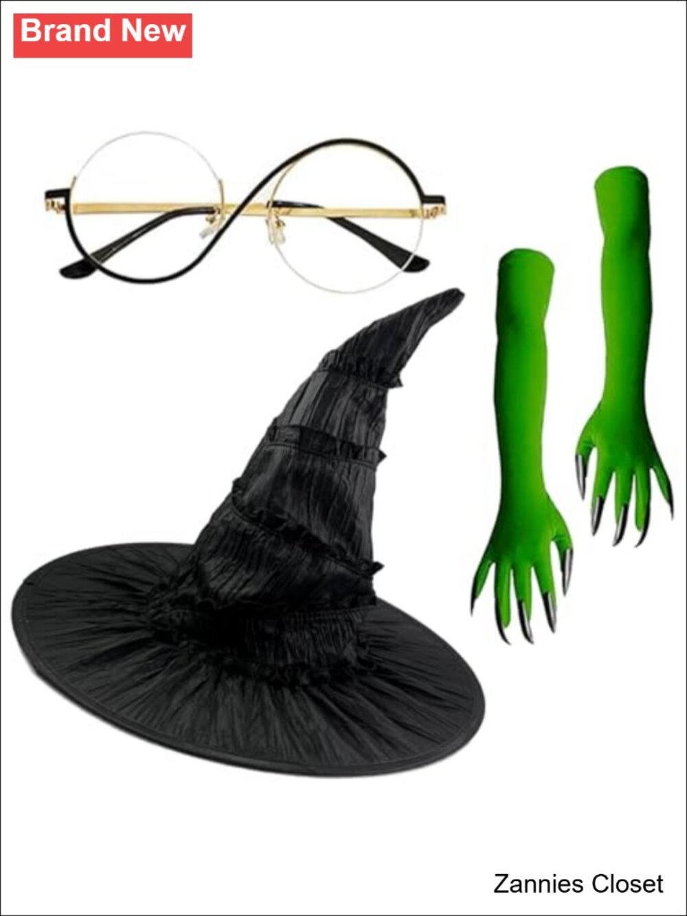 👻 3 Piece Witch Costume Set Pleated Hat Green Claw Gloves Retro Glasses